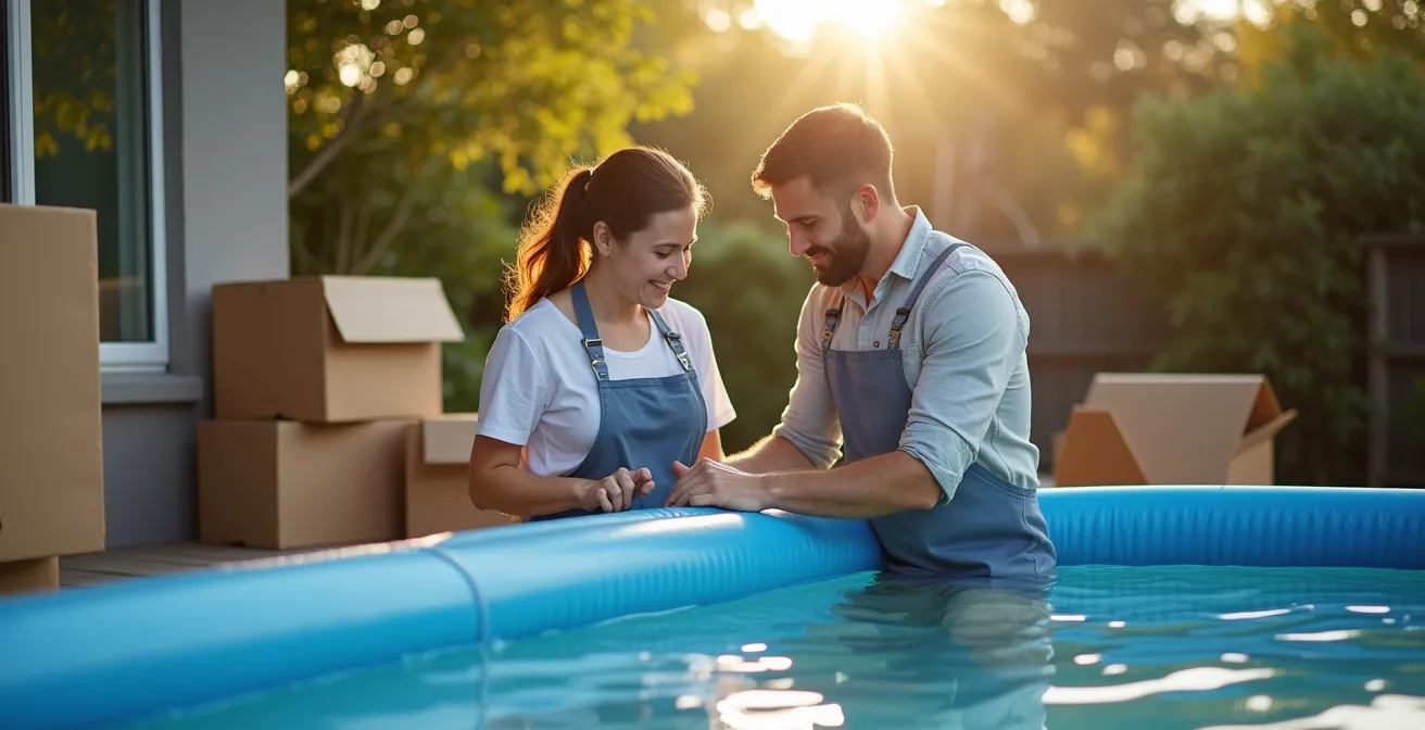 Couple démontant une piscine tubulaire dans un jardin avec cartons de déménagement en arrière-plan