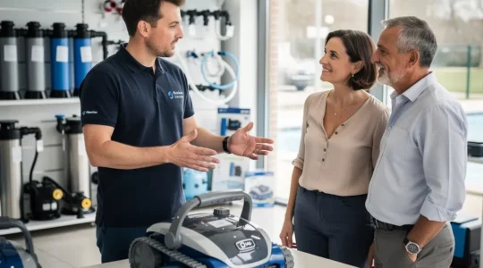 Conseiller spécialiste piscine présentant robot nettoyeur à couple propriétaires en showroom