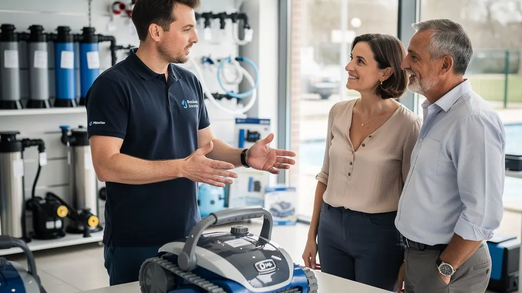 Conseiller spécialiste piscine présentant robot nettoyeur à couple propriétaires en showroom