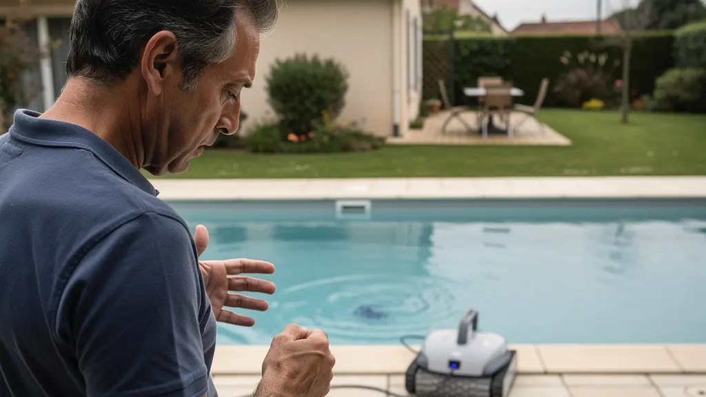 Propriétaire perplexe devant robot piscine inadapté au bord du bassin