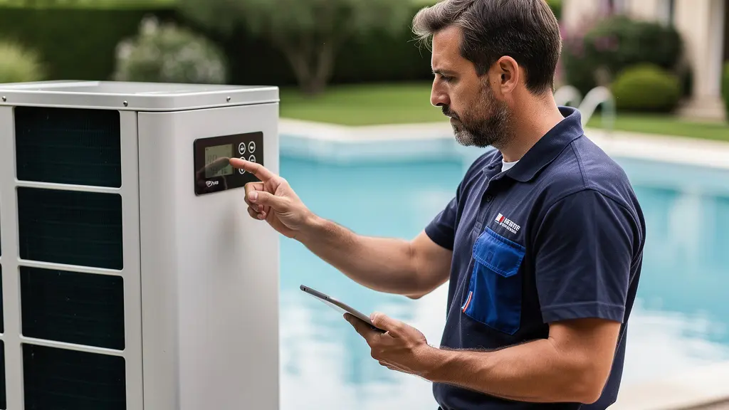 Technicien spécialisé effectuant diagnostic pompe à chaleur piscine avec tablette