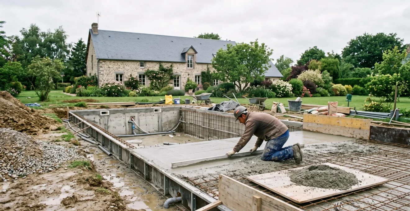 Un maçon coule le radier d'une piscine en chantier dans un jardin