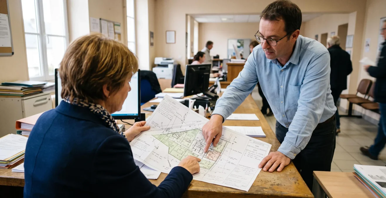 Un particulier examine un plan avec un agent en mairie