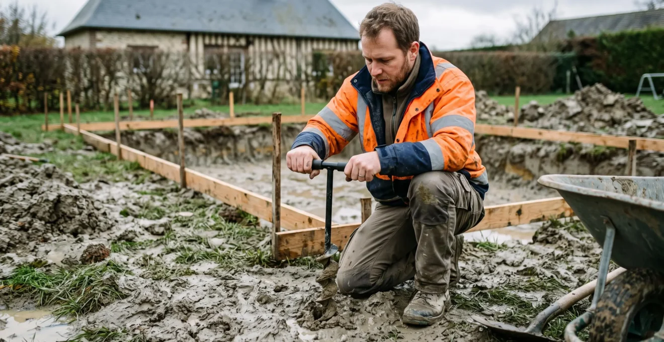 Un technicien prélève un échantillon d'argile dans un jardin humide