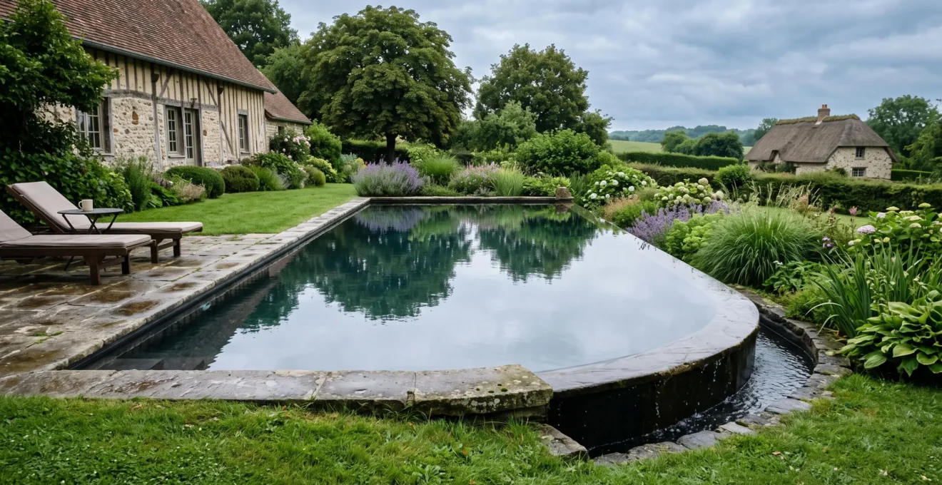 Piscine à débordement reflétant le ciel dans un jardin normand
